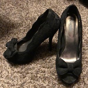 Black, lace, open-toe stilettos